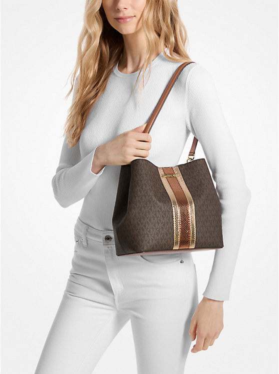 146 - MICHAEL KORS Pratt Medium Signature Logo and Metallic Shoulder Bag