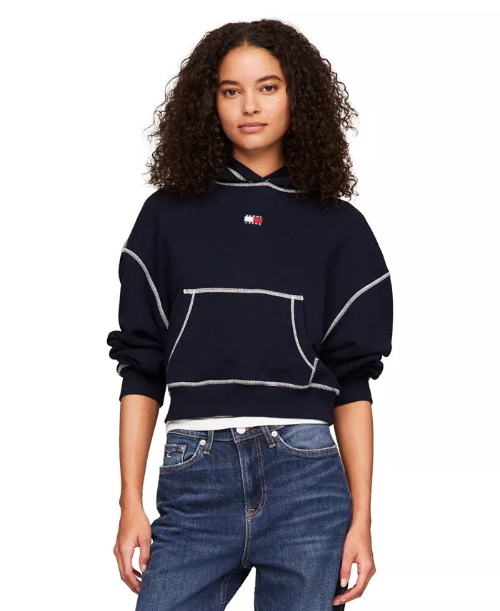 472 - Tommy Jeans Women's Boxy Topstitch Cotton Logo Hoodie