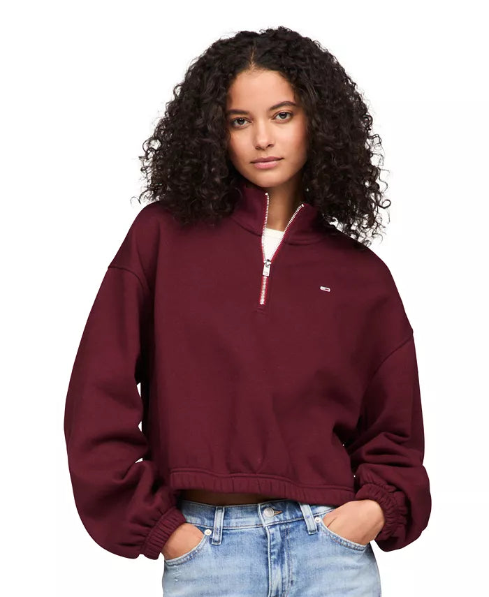 476 - Tommy Jeans Women's Cropped Quarter-Zip Crewneck Sweatshirt
