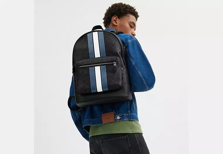 664 - COACH West Backpack In Signature Canvas With Varsity Stripe