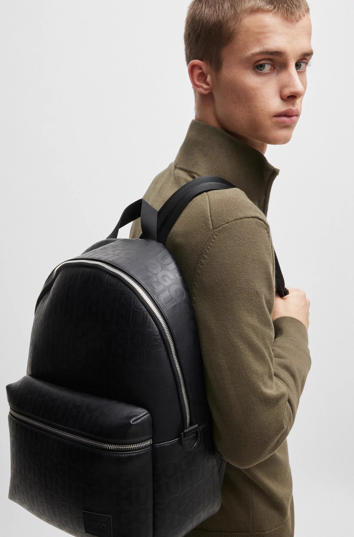 675 - HUGO BOSS Faux-leather backpack with repeat-logo motif