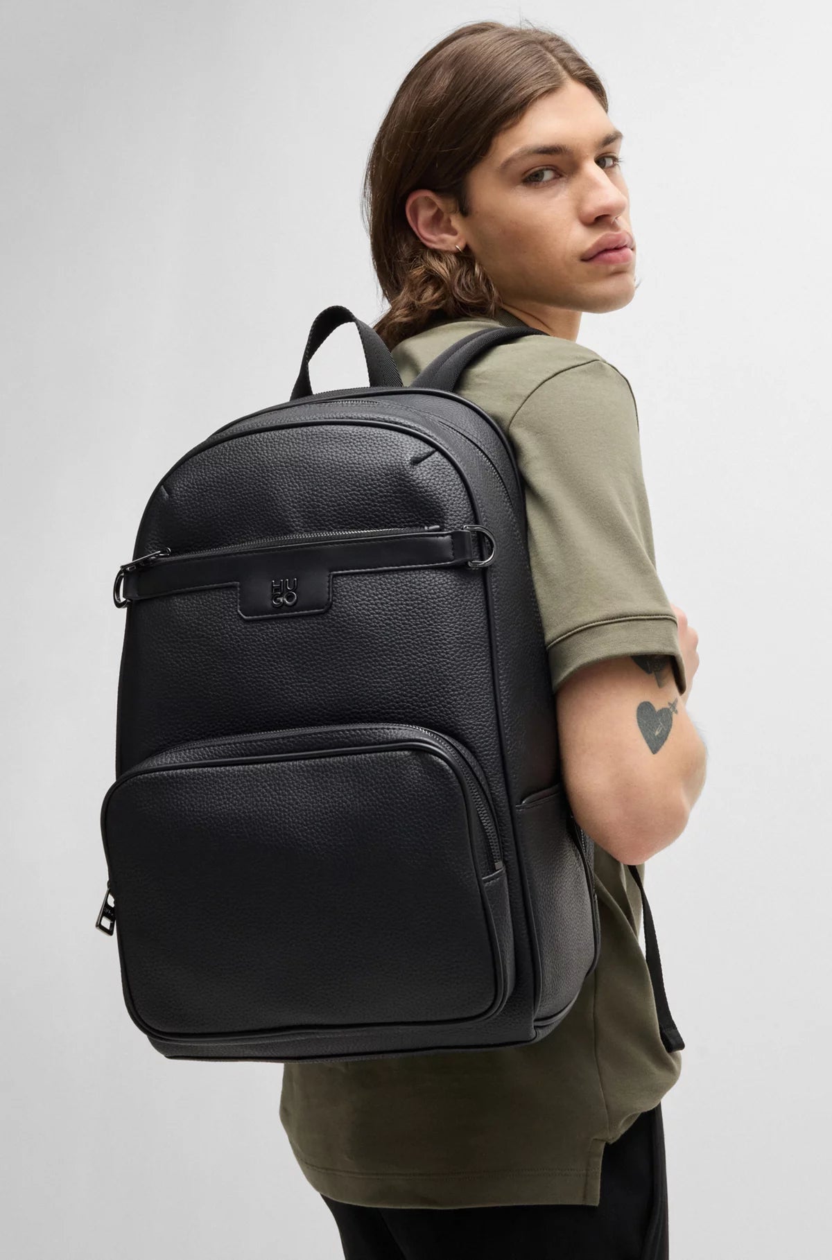 685 - HUGO BOSS Grained faux-leather backpack with stacked logo trim